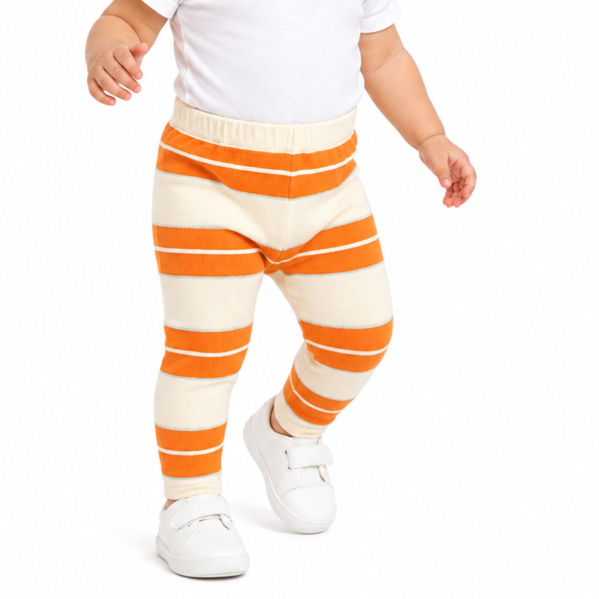 Girls Cotton Striped Leggings - Orange