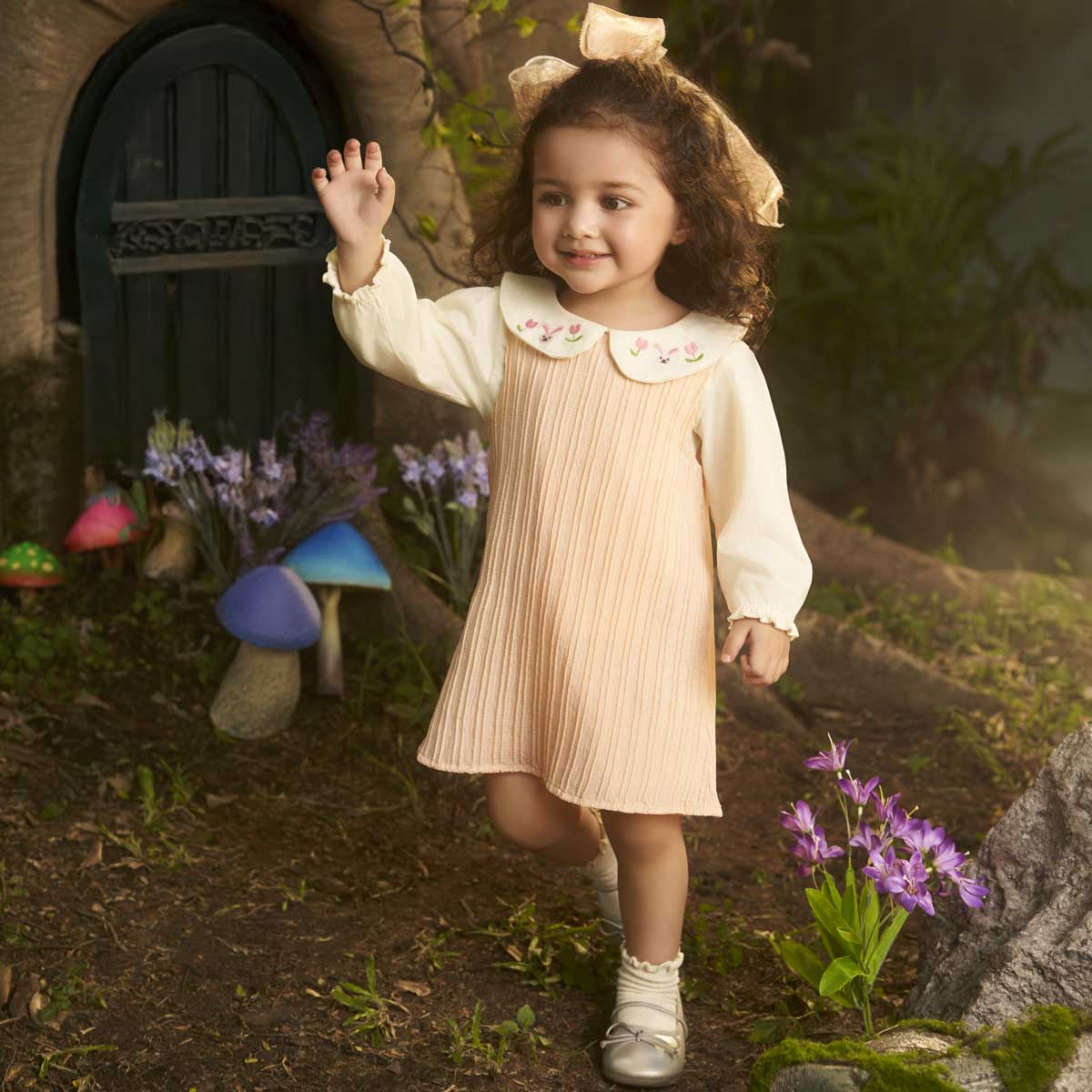 Girls Cotton Full Sleeves Solid Pinny Set - Peach