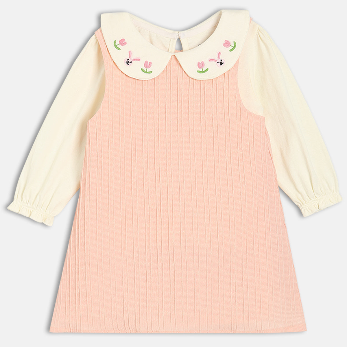 Girls Cotton Full Sleeves Solid Pinny Set - Peach