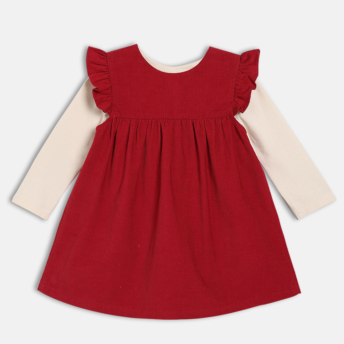 Girls Red Round Neck Knee Length Pinny Set