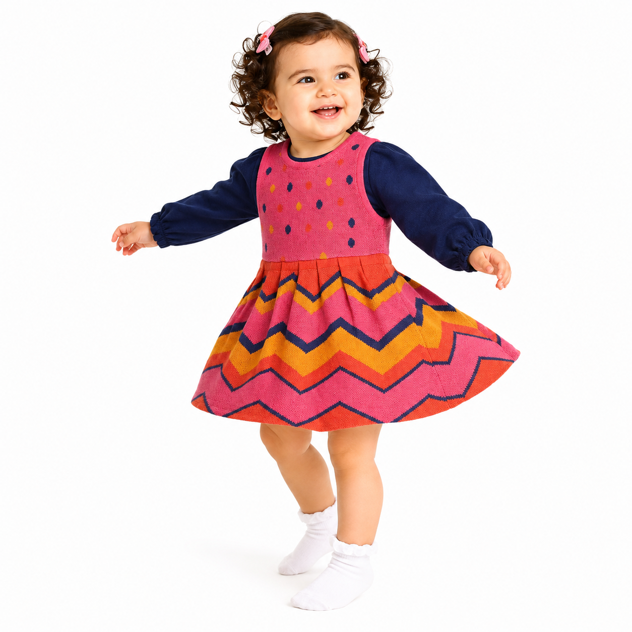 Girls Cotton Full Sleeves Geometric Self Design Pinny Set - Pink & Navy Blue