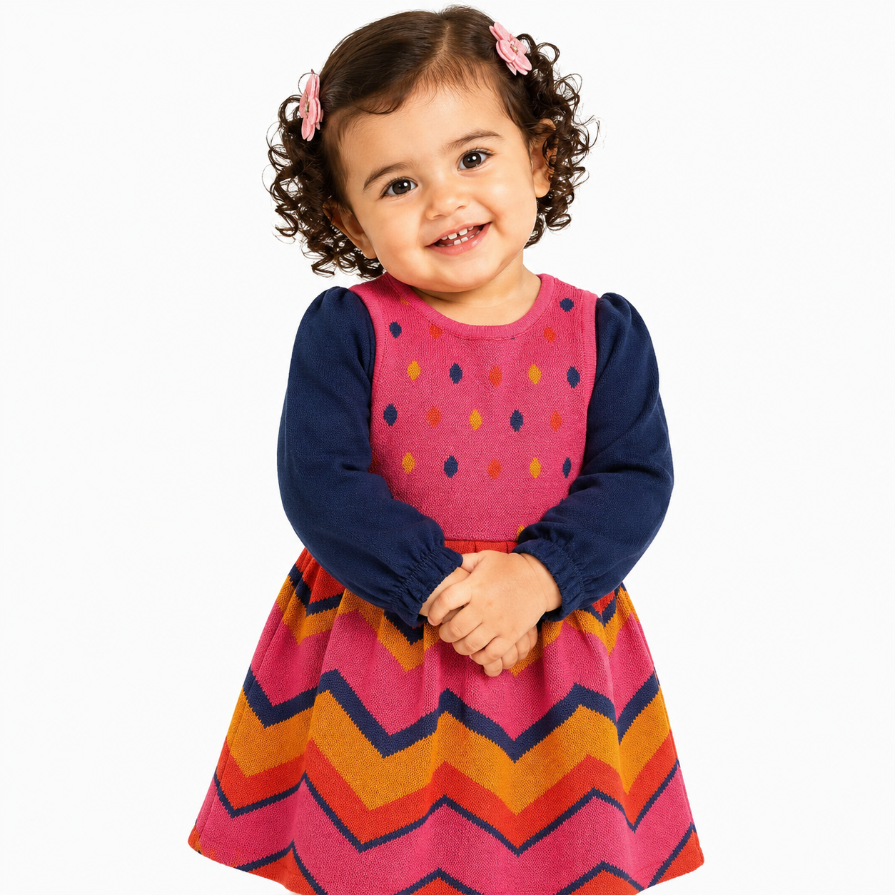 Girls Cotton Full Sleeves Geometric Self Design Pinny Set - Pink & Navy Blue