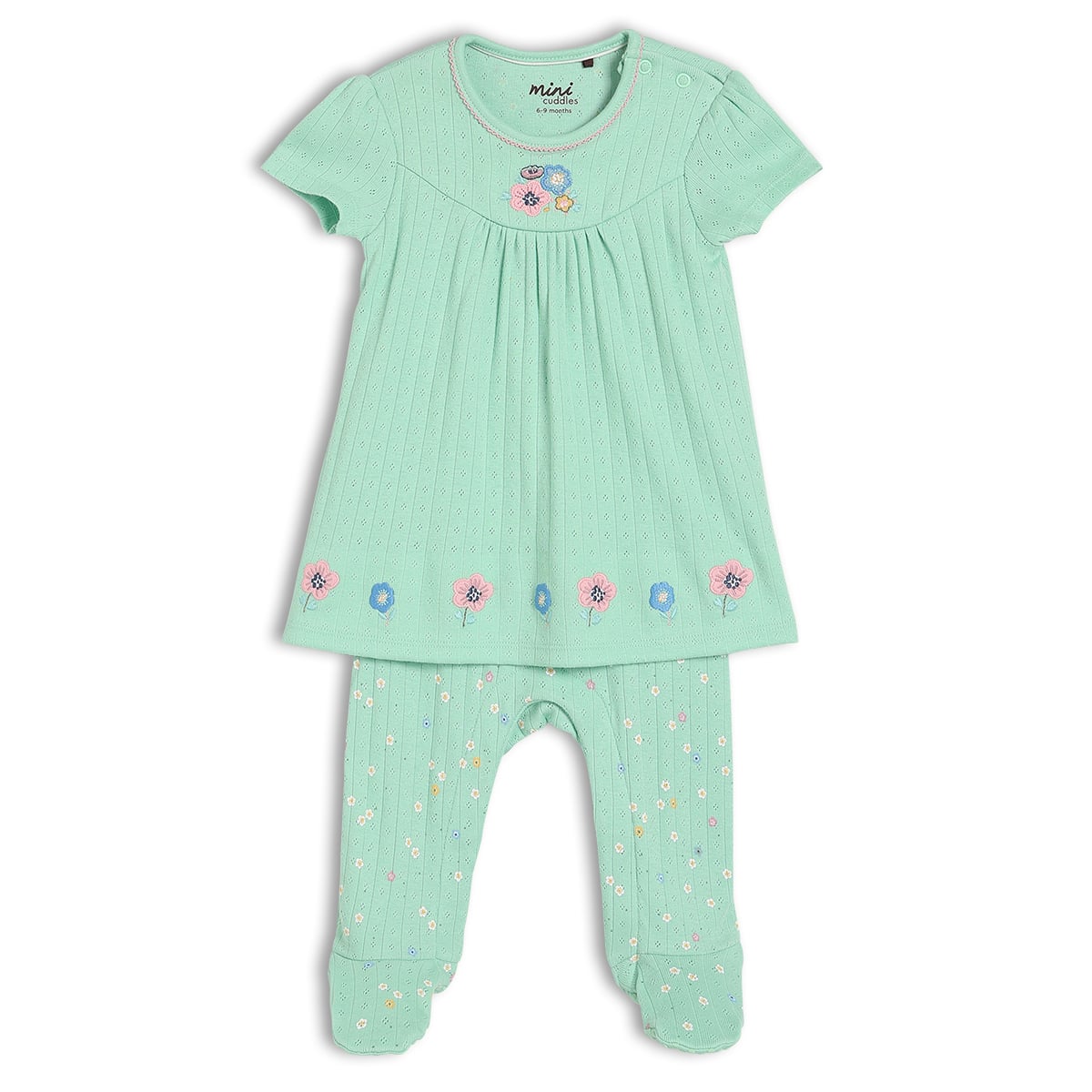 Baby Girls Top, Sleepsuit & Pant Everyday Outfit Bundle - Cream, Mint Green & Navy Blue