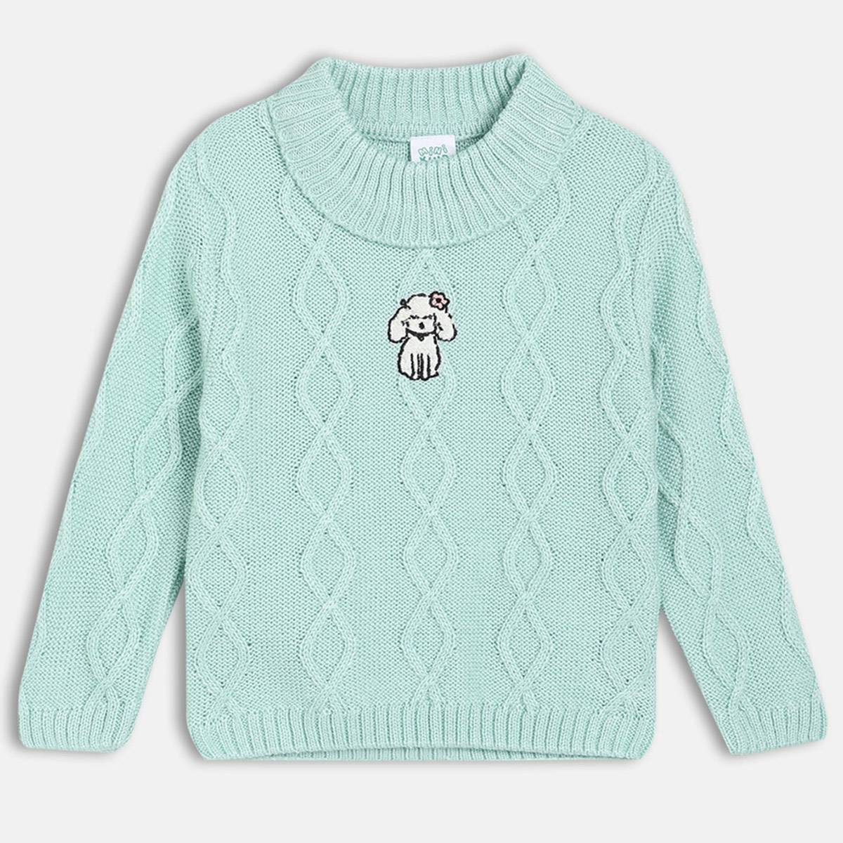Girls Cotton Full Sleeves Cable Knit Self Design Sweater - Green