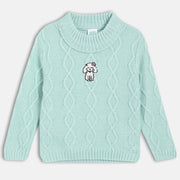 Girls Cotton Full Sleeves Cable Knit Self Design Sweater - Green