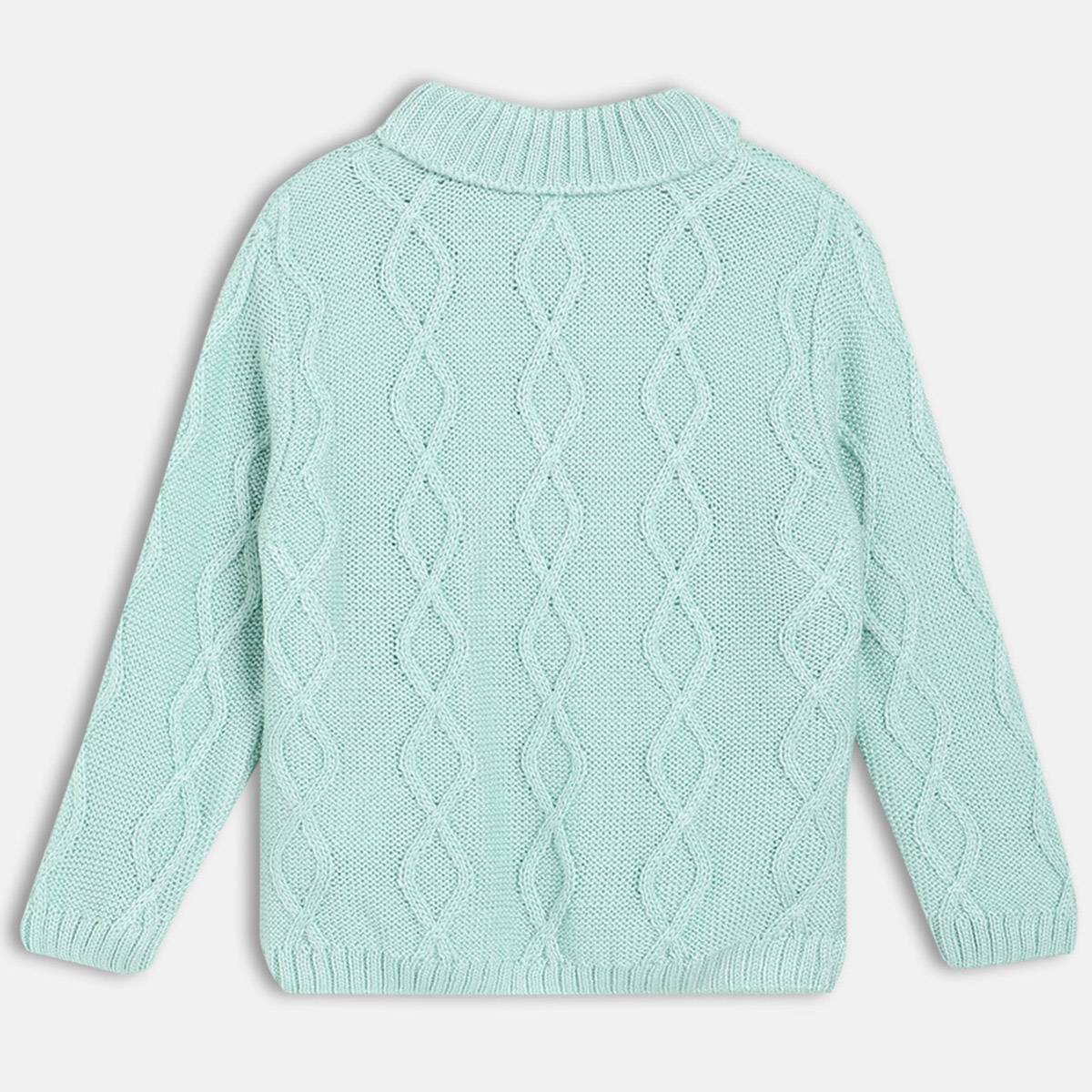 Girls Cotton Full Sleeves Cable Knit Self Design Sweater - Green