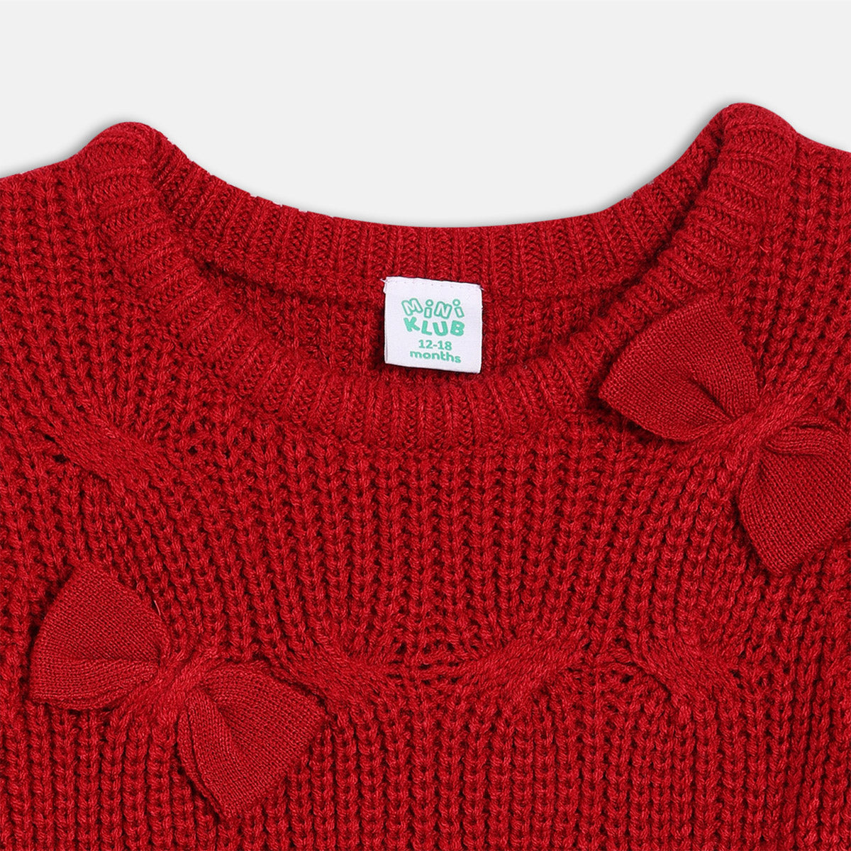 Girls Full Sleeves Bow Knitted Sweater - Red