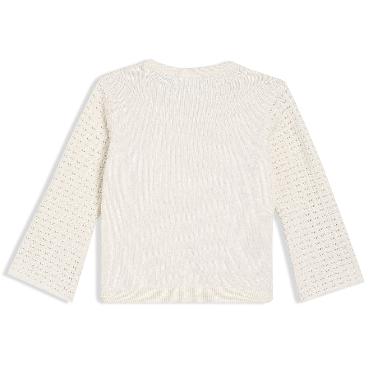 Girls White Round Neck Full Sleeve Sweater
