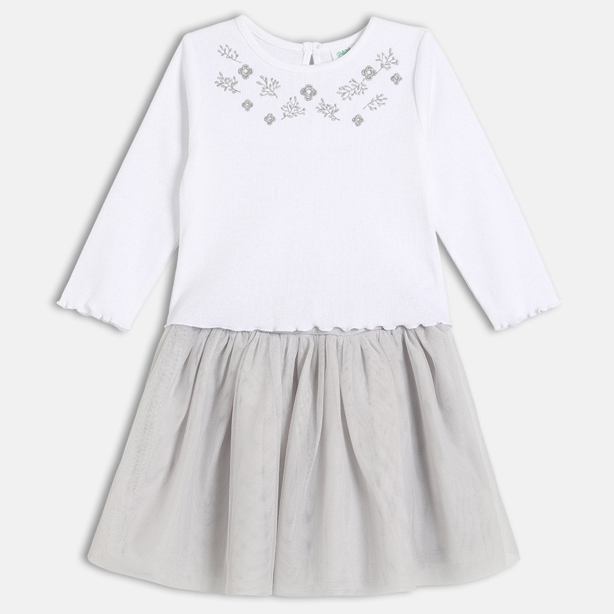 Girls Cotton Full Sleeve Floral Embroidered Clothing Set - White & Grey