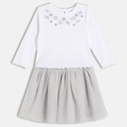 Girls Cotton Full Sleeve Floral Embroidered Clothing Set - White & Grey