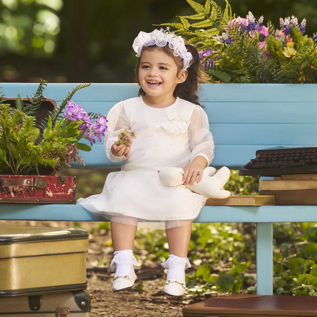Girls White Round Neck Knee Length Top And Bottom