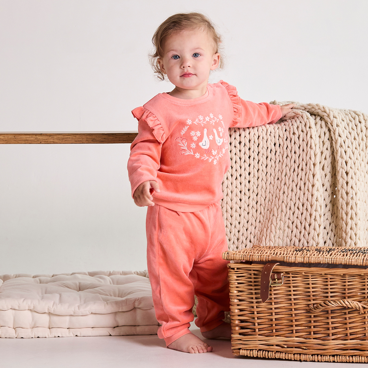 Baby Girls Floral  Embroidered 2 piece Set, Peach