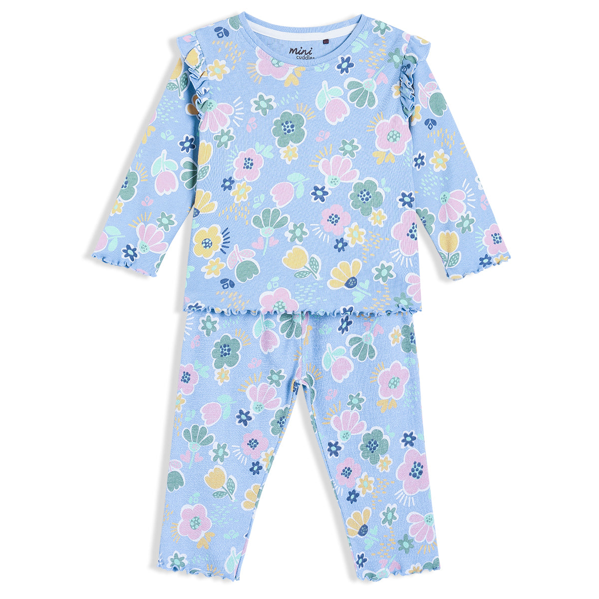 Girls Blue Round Neck Full Length Top And Bottom