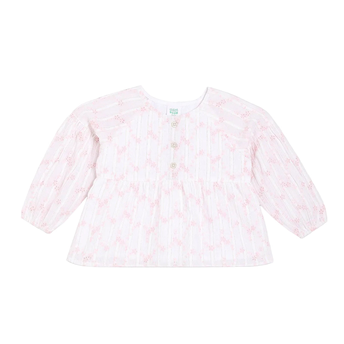 Girls Cotton Full Sleeves Floral Embroidered Top, Pink