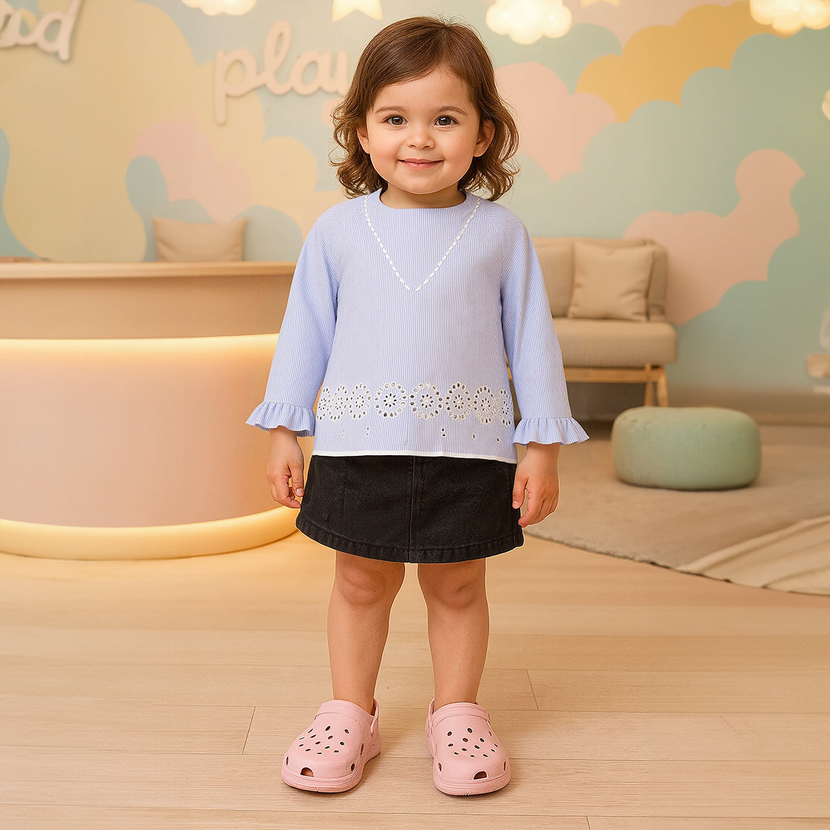 Girls Cotton Full Sleeves Striped Top - Blue