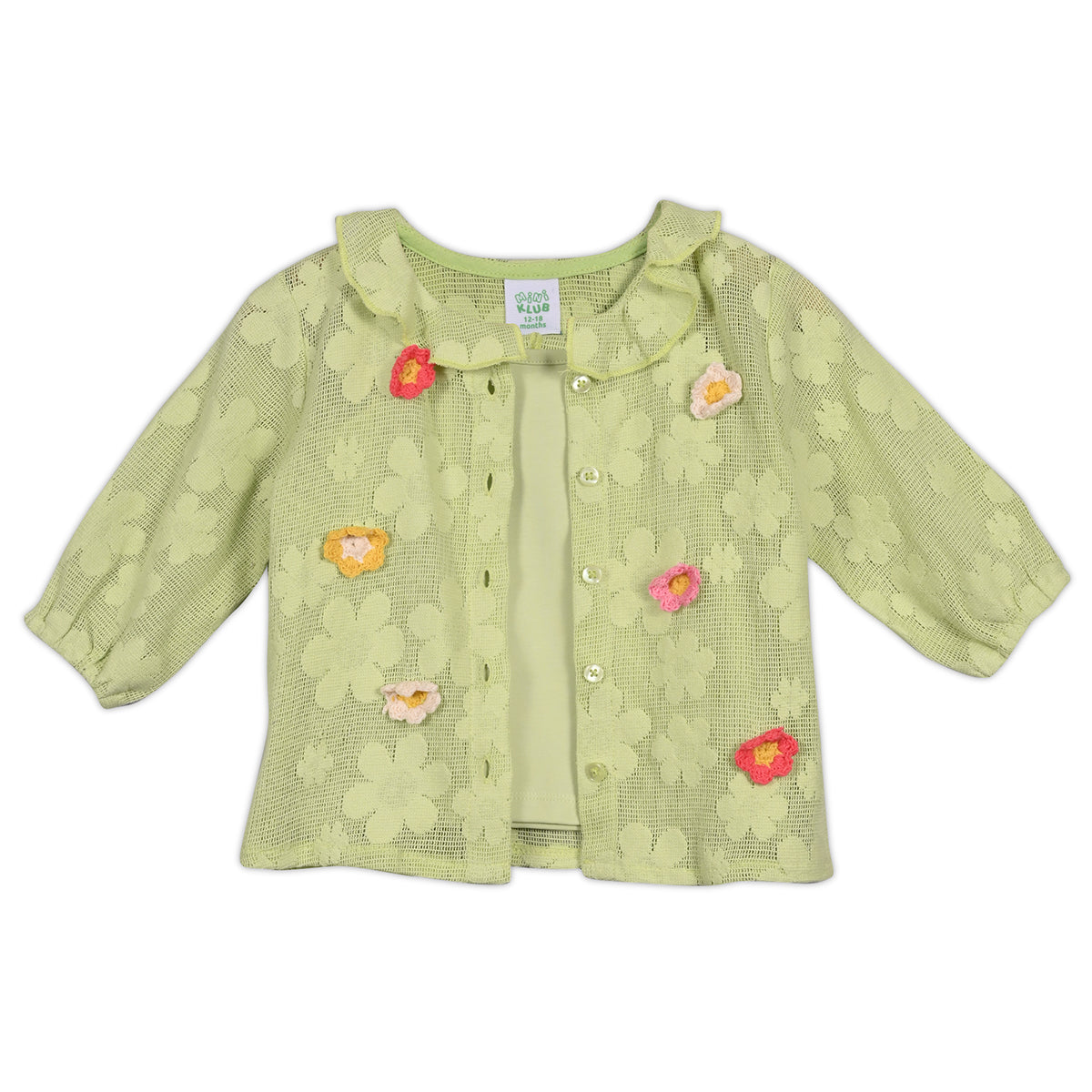 Girls Full Sleeves Floral Embroidered Top - Green
