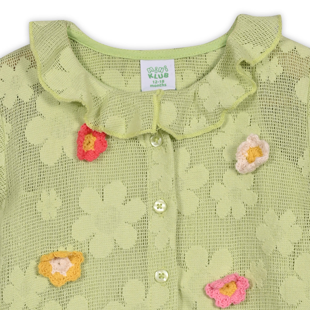 Girls Full Sleeves Floral Embroidered Top - Green
