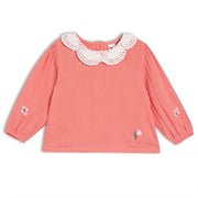 Girls Red Round Neck Full Sleeve Woven Top
