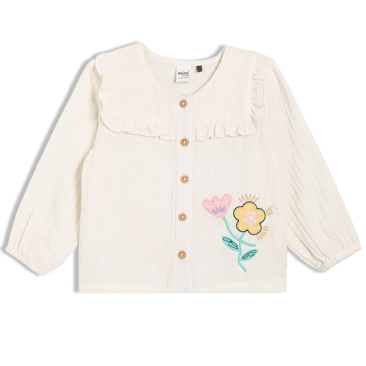 Girls White Round Neck Full Sleeve Woven Top