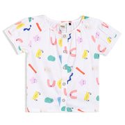 Girls White Round Neck Half Sleeve Woven Top