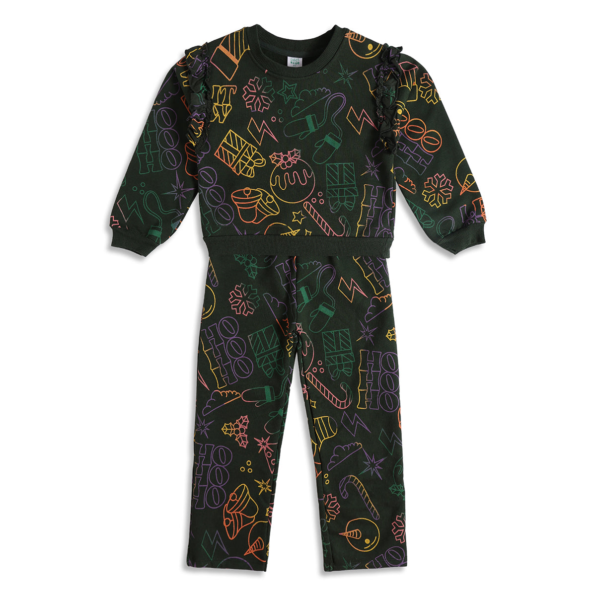 Girls Black Christmas Printed Sweatshirt and Joggers Clothing Set Regular Fit Winter Wear