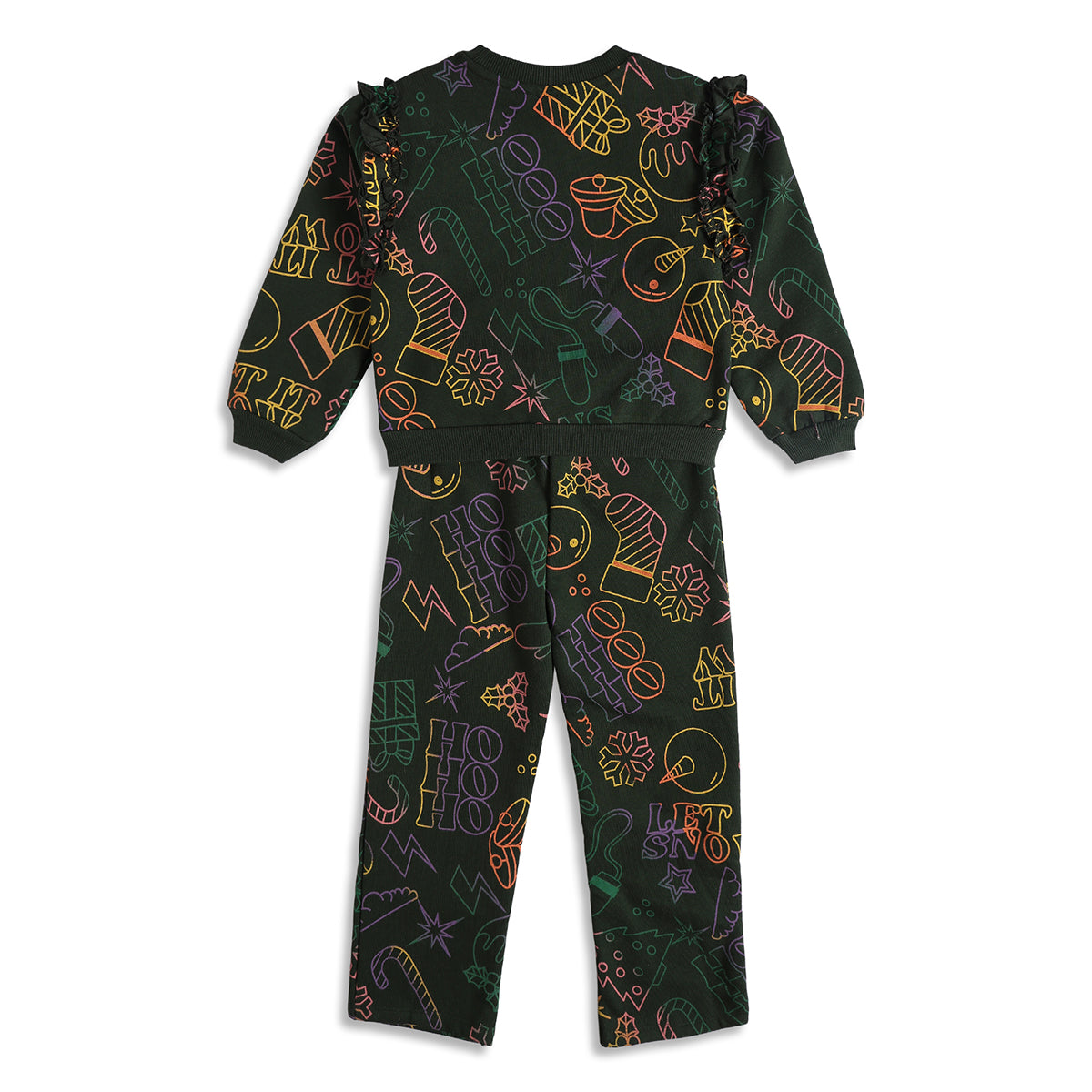 Girls Black Christmas Printed Sweatshirt and Joggers Clothing Set Regular Fit Winter Wear