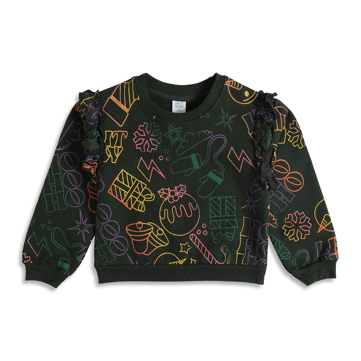Girls Black Christmas Printed Sweatshirt and Joggers Clothing Set Regular Fit Winter Wear