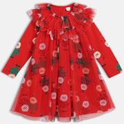 Girls Round Neck Full Sleeve Dress - Red