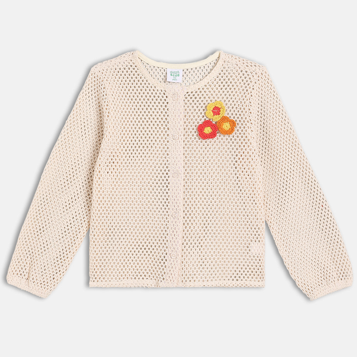 Girls Ecru Round Neck Full Sleeve Knit Top