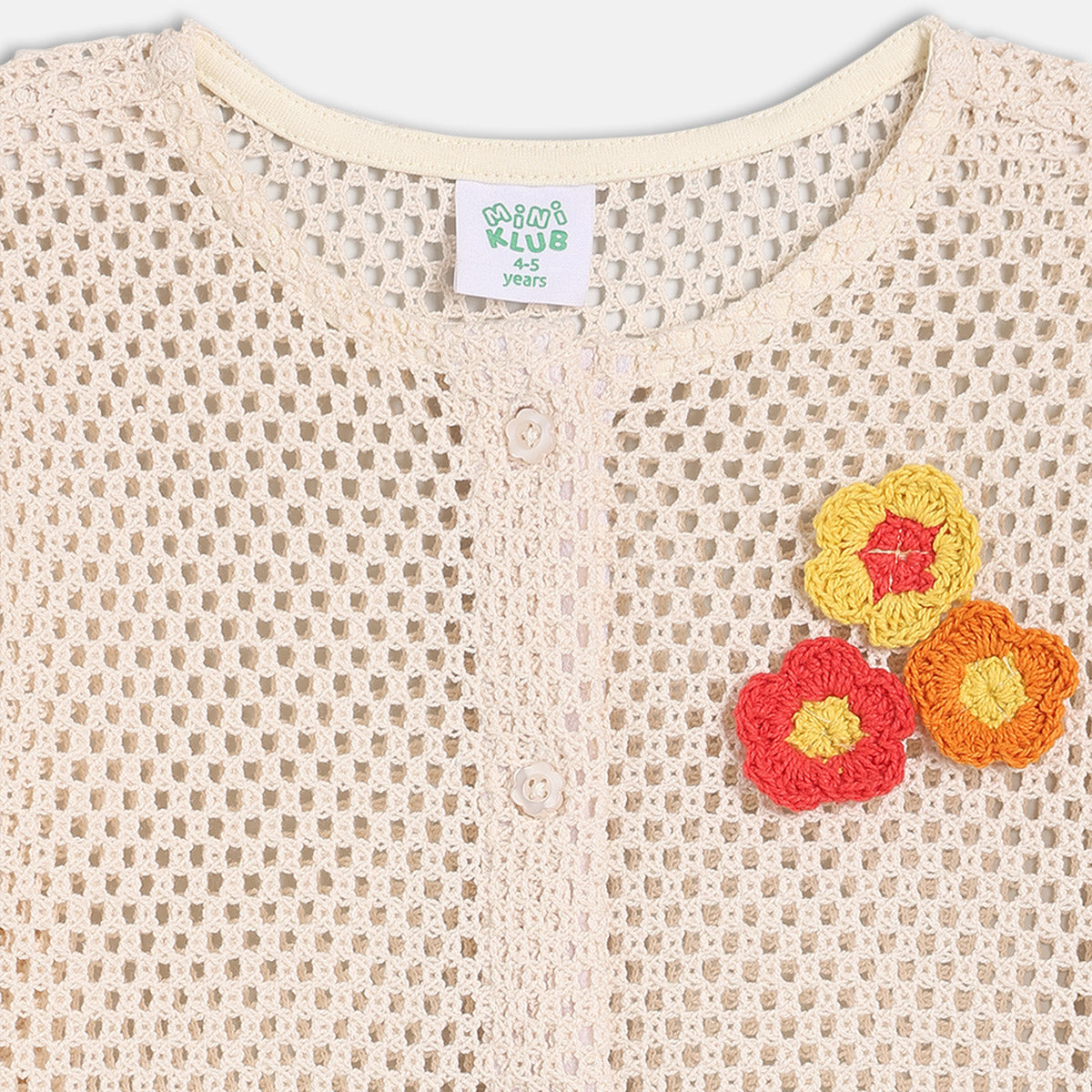 Girls Ecru Round Neck Full Sleeve Knit Top