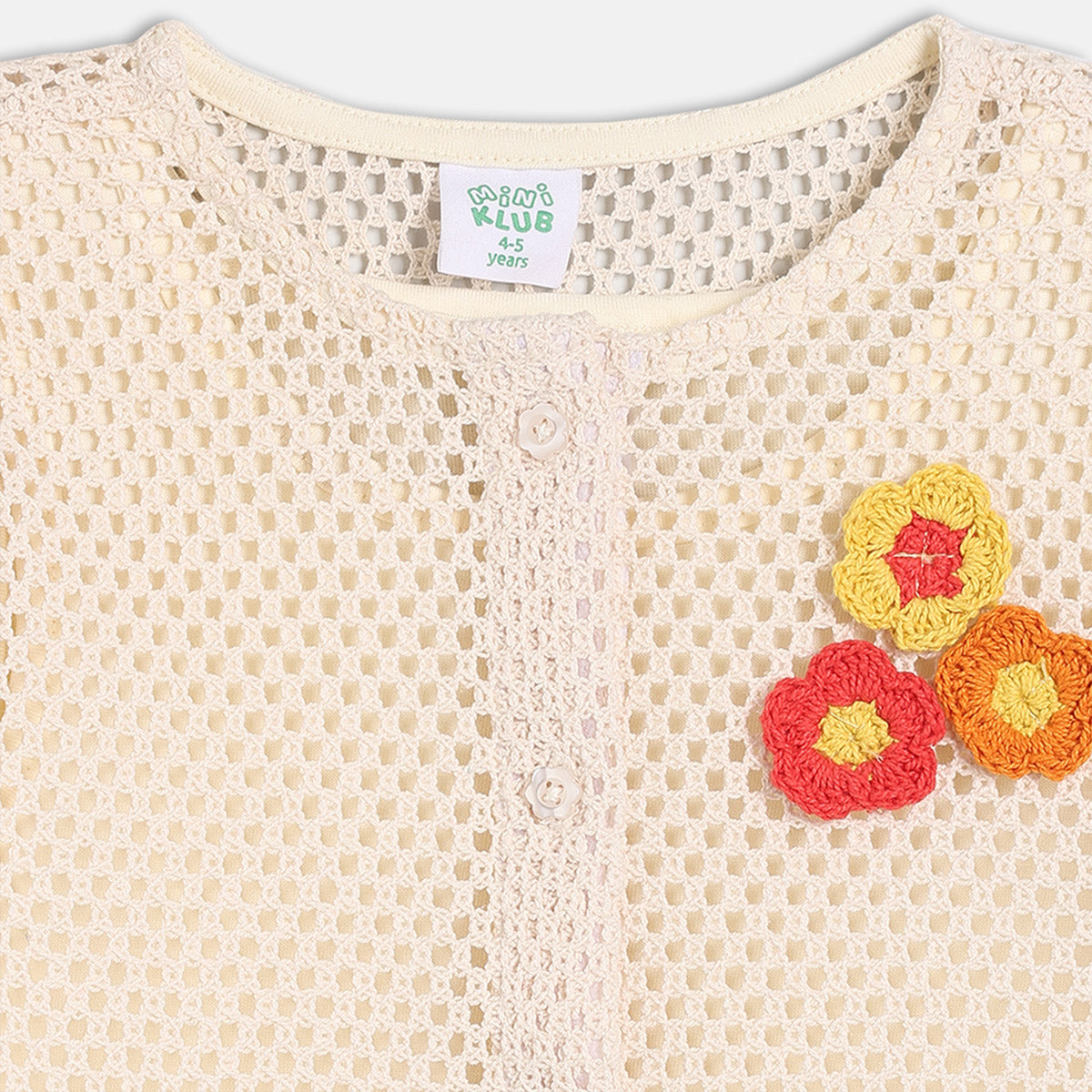 Girls Ecru Round Neck Full Sleeve Knit Top