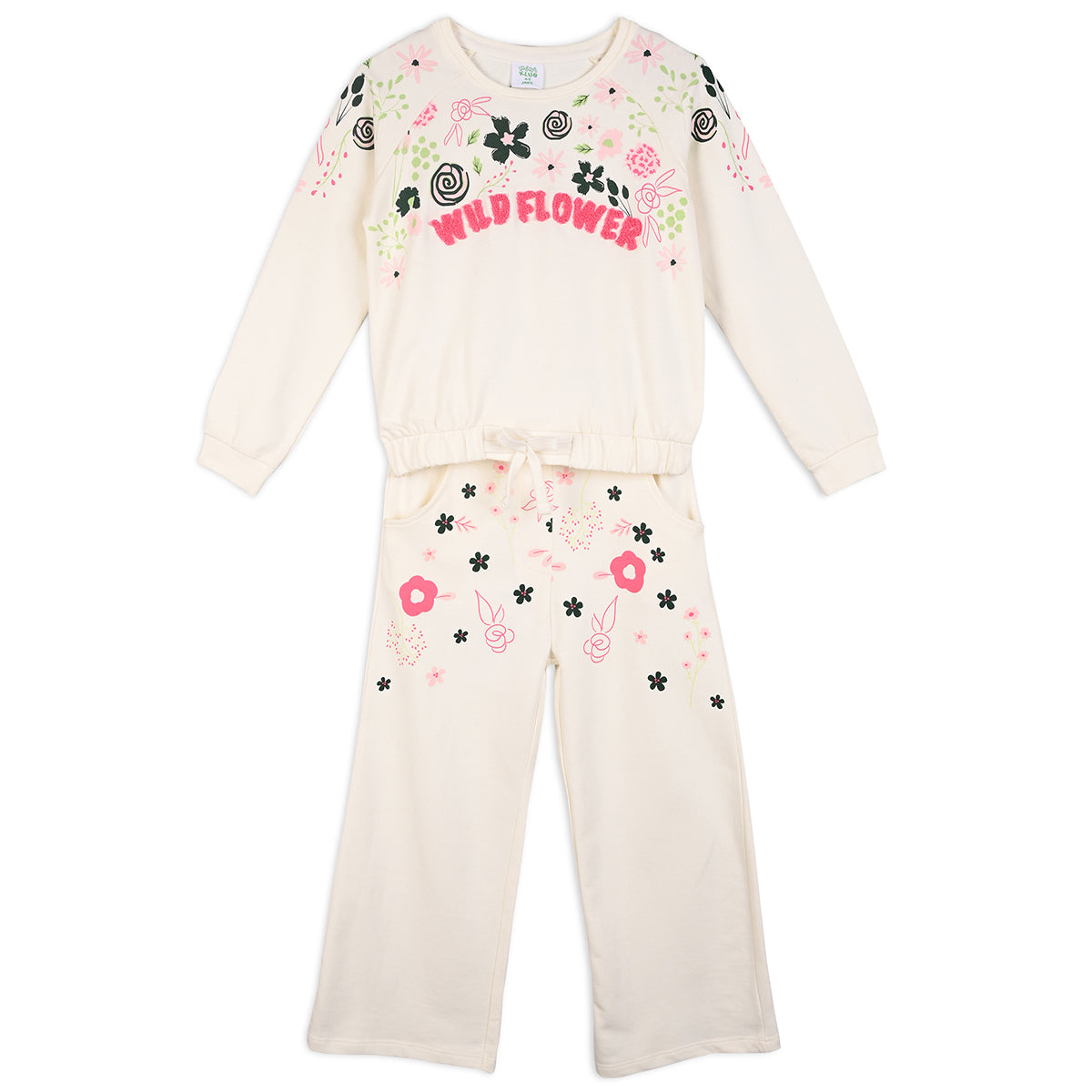 Girls Cotton Full Sleeve Floral Printed Clothing Set - White