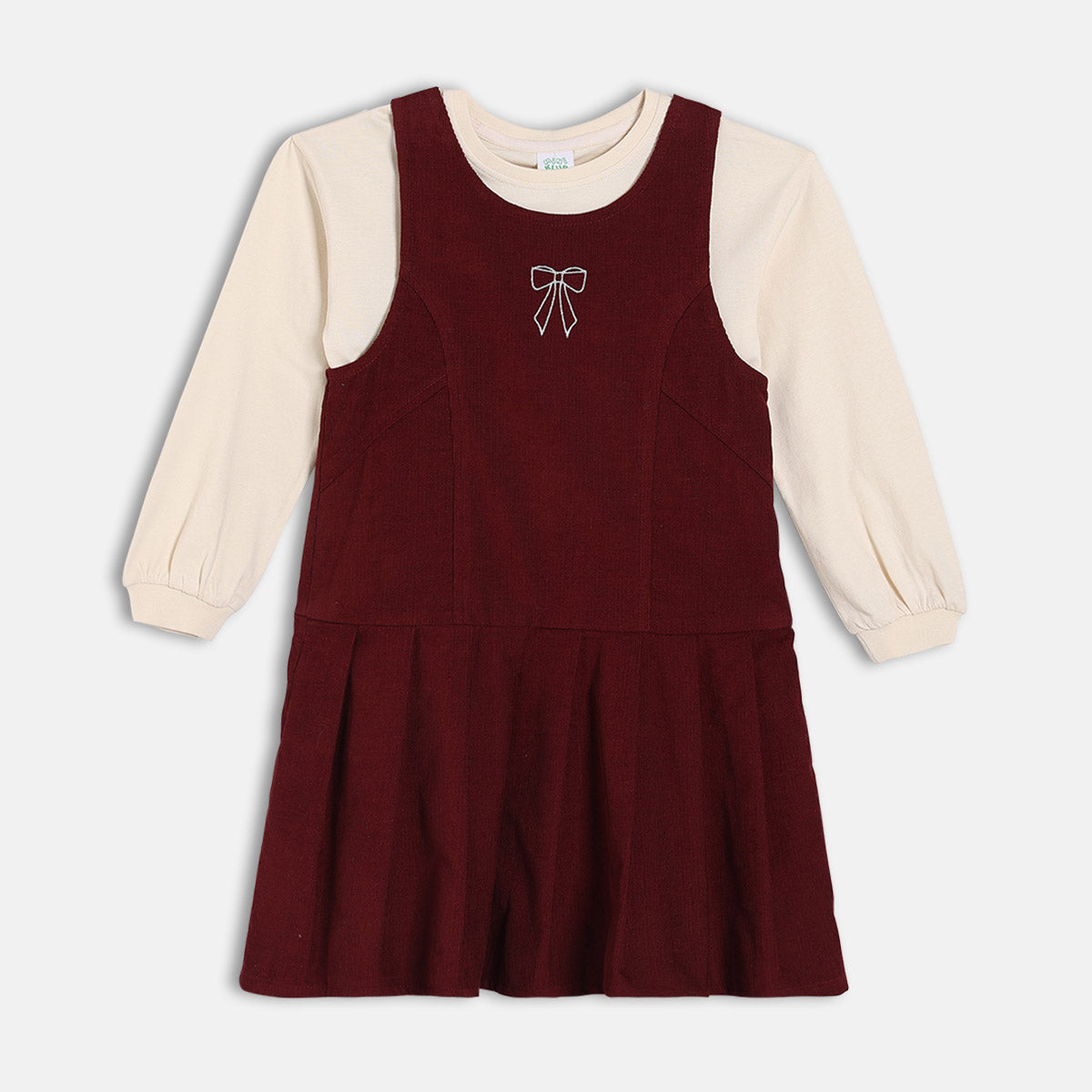 Girls Maroon Round Neck Knee Length Pinny Set
