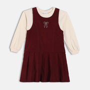 Girls Maroon Round Neck Knee Length Pinny Set