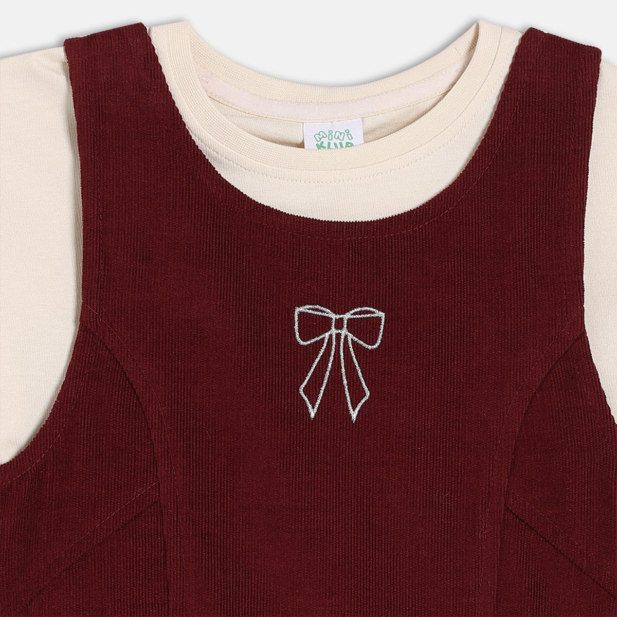 Girls Maroon Round Neck Knee Length Pinny Set