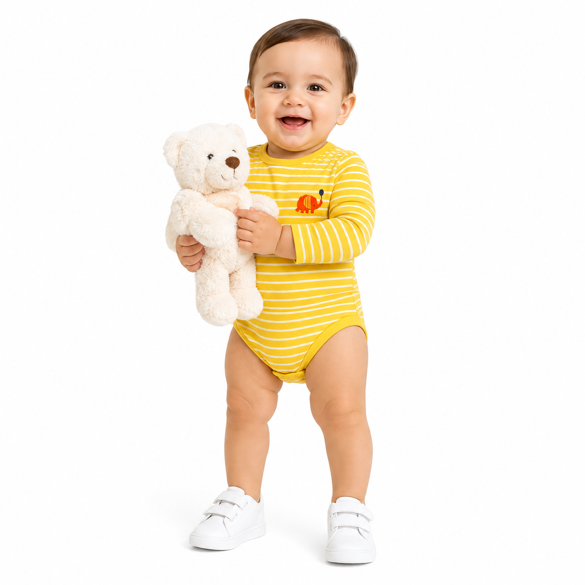 Boys Cotton Pack Of 2 Full Sleeves Elephant Printed & Striped Bodysuits - Olive Green & Mustard