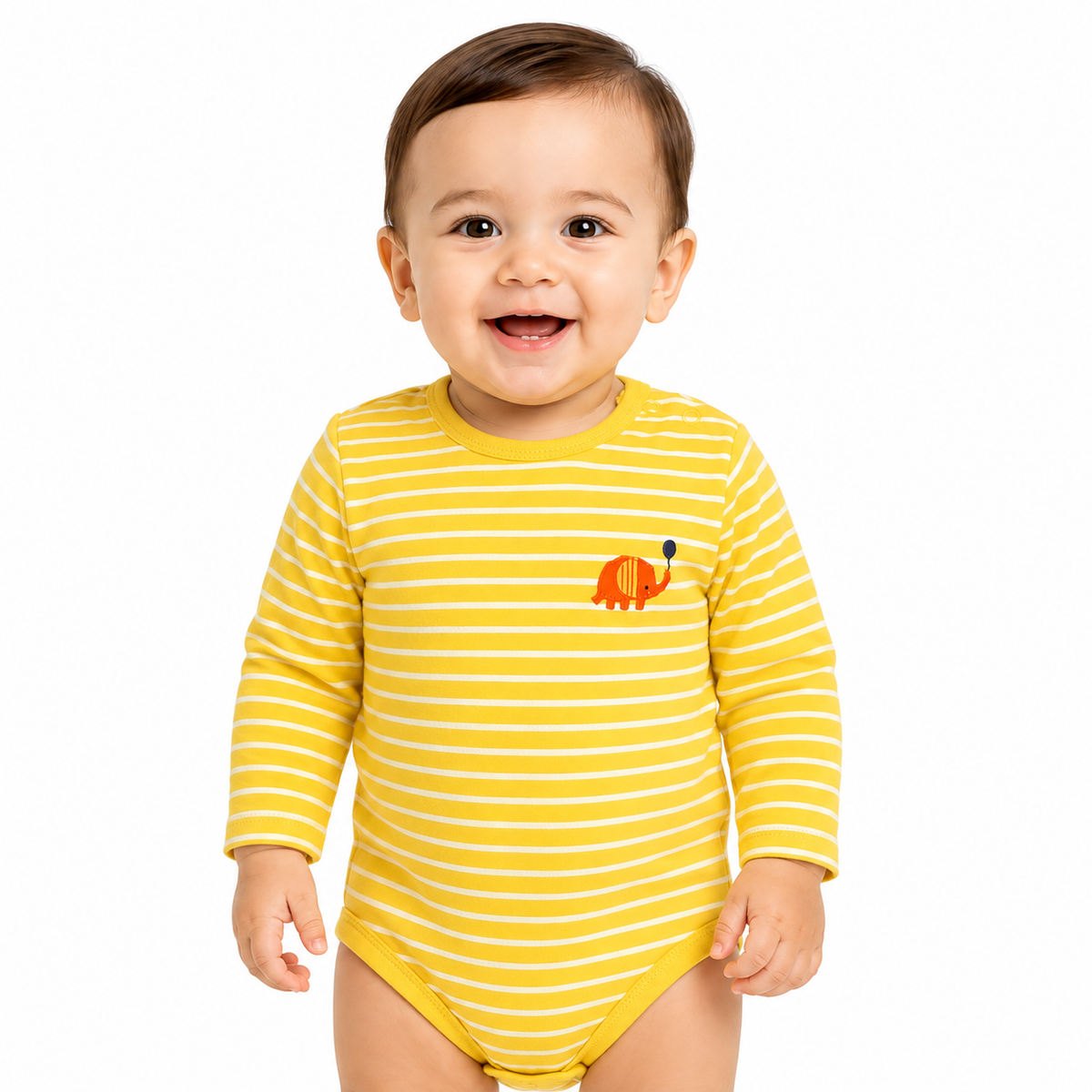 Boys Cotton Pack Of 2 Full Sleeves Elephant Printed & Striped Bodysuits - Olive Green & Mustard