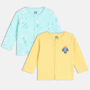 Boys Cotton Pack Of 2 Full Sleeves Rocket Printed Front Open Vests - Blue & Yellow