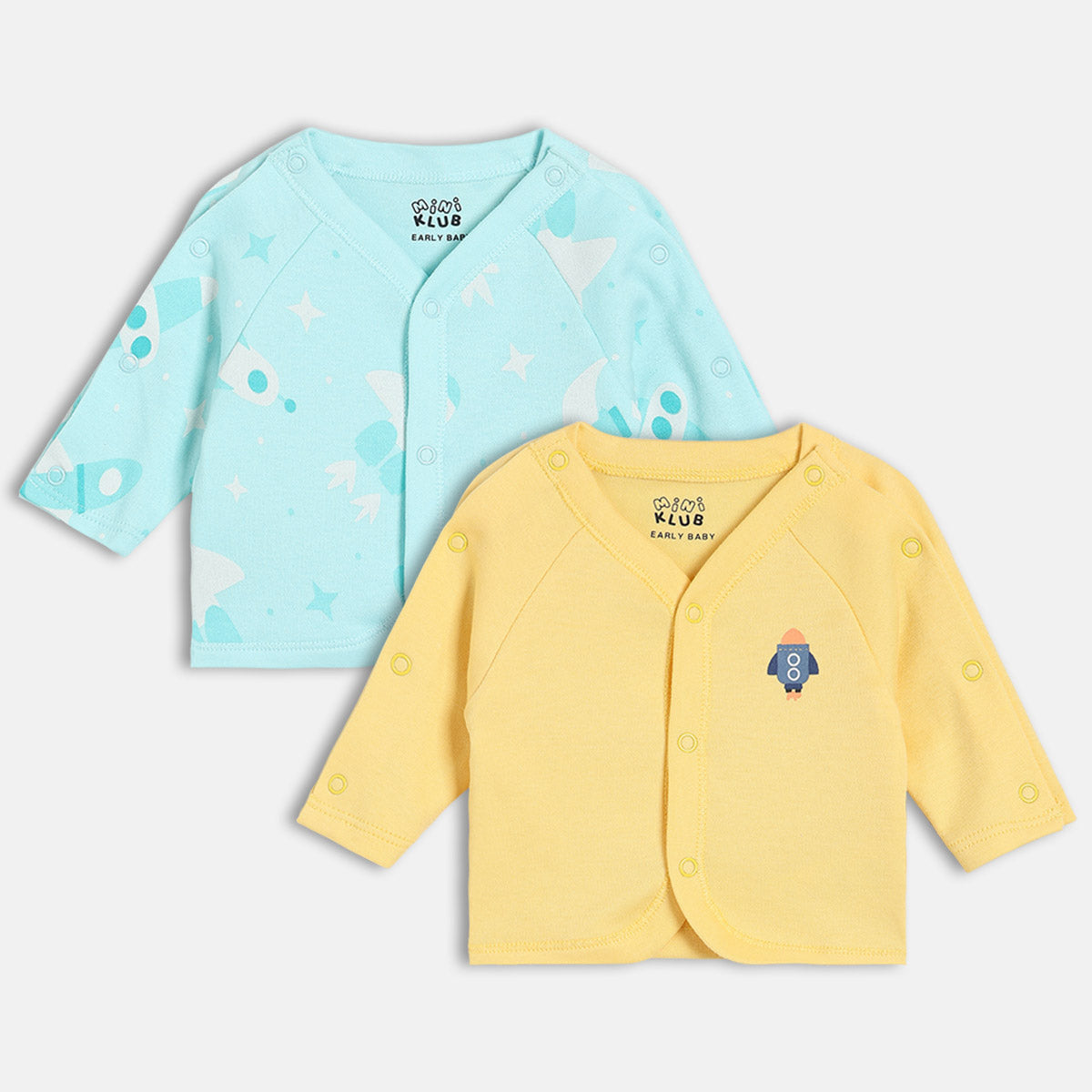 Boys Cotton Pack Of 2 Full Sleeves Rocket Printed Front Open Vests - Blue & Yellow