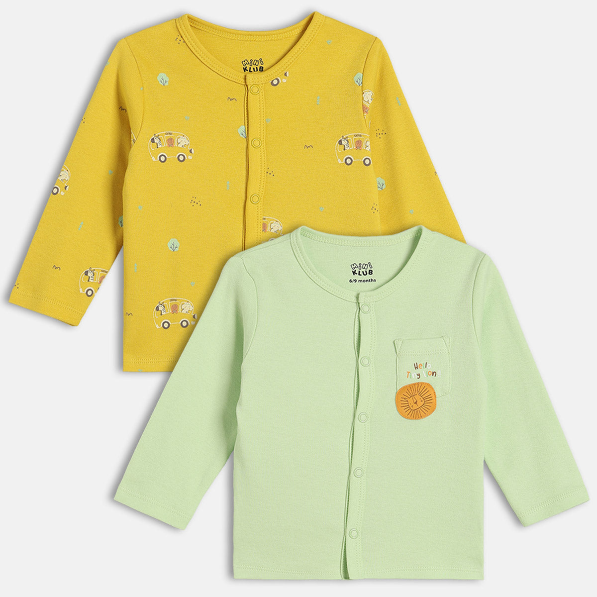 Boys Cotton Pack Of 2 Full Sleeves Car & Animal Printed Front Open Vests - Yellow & Green