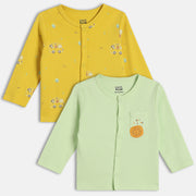 Boys Cotton Pack Of 2 Full Sleeves Car & Animal Printed Front Open Vests - Yellow & Green