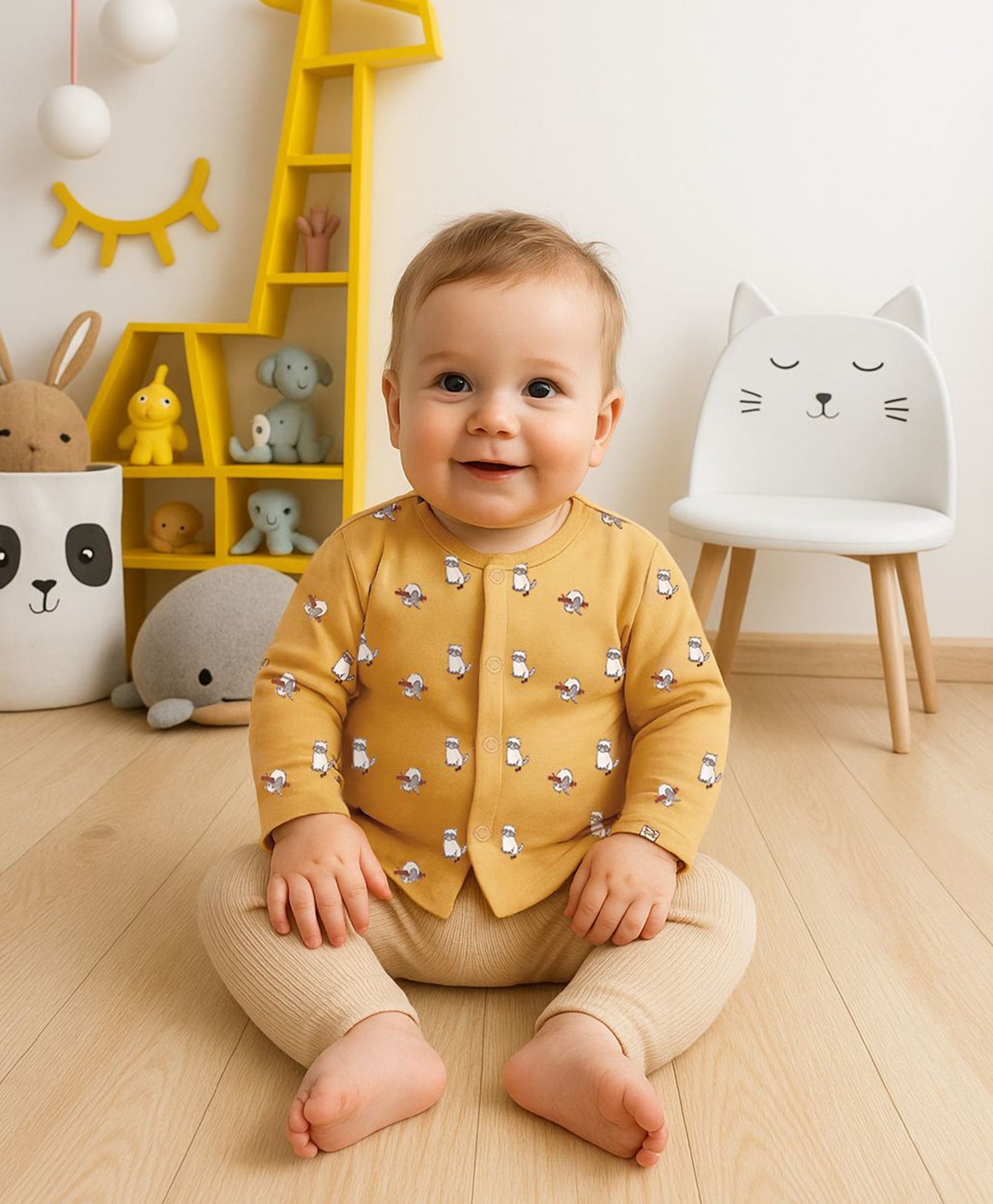 Boys Boys Cotton Pack Of 2 Full Sleeves Animal & Geometric Printed Front Open Vests - Mustard & Olive