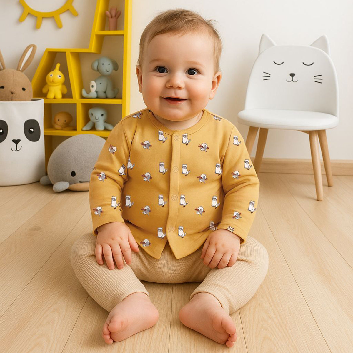 Boys Cotton Pack Of 2 Full Sleeves Animal & Geometric Printed Front Open Vests - Mustard & Olive