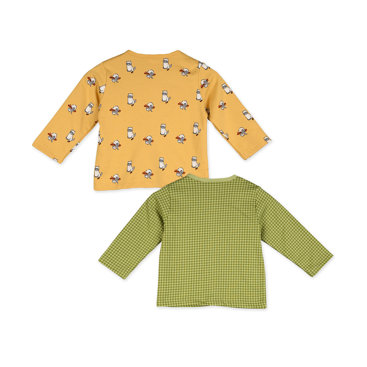 Boys Cotton Pack Of 2 Full Sleeves Animal & Geometric Printed Front Open Vests - Mustard & Olive