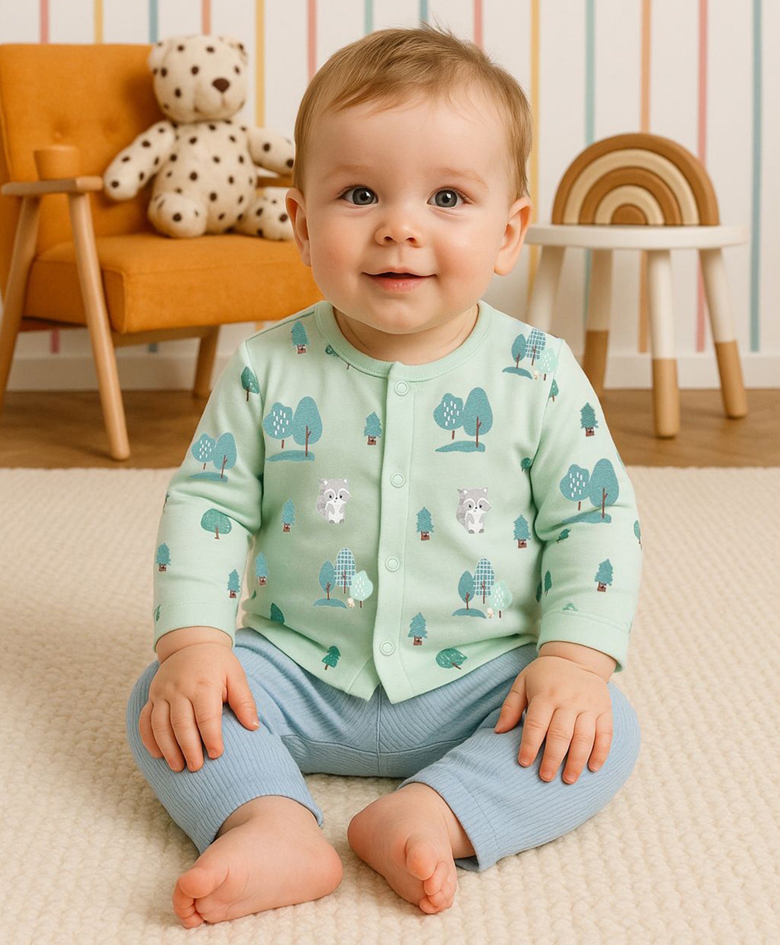 Boys Cotton Pack Of 2 Full Sleeves Animal Printed Front Open Vests - Blue & Green