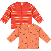 Boys Cotton Pack Of 2 Full Sleeves Car Printed & Striped Front Open Vests - Red & Orange