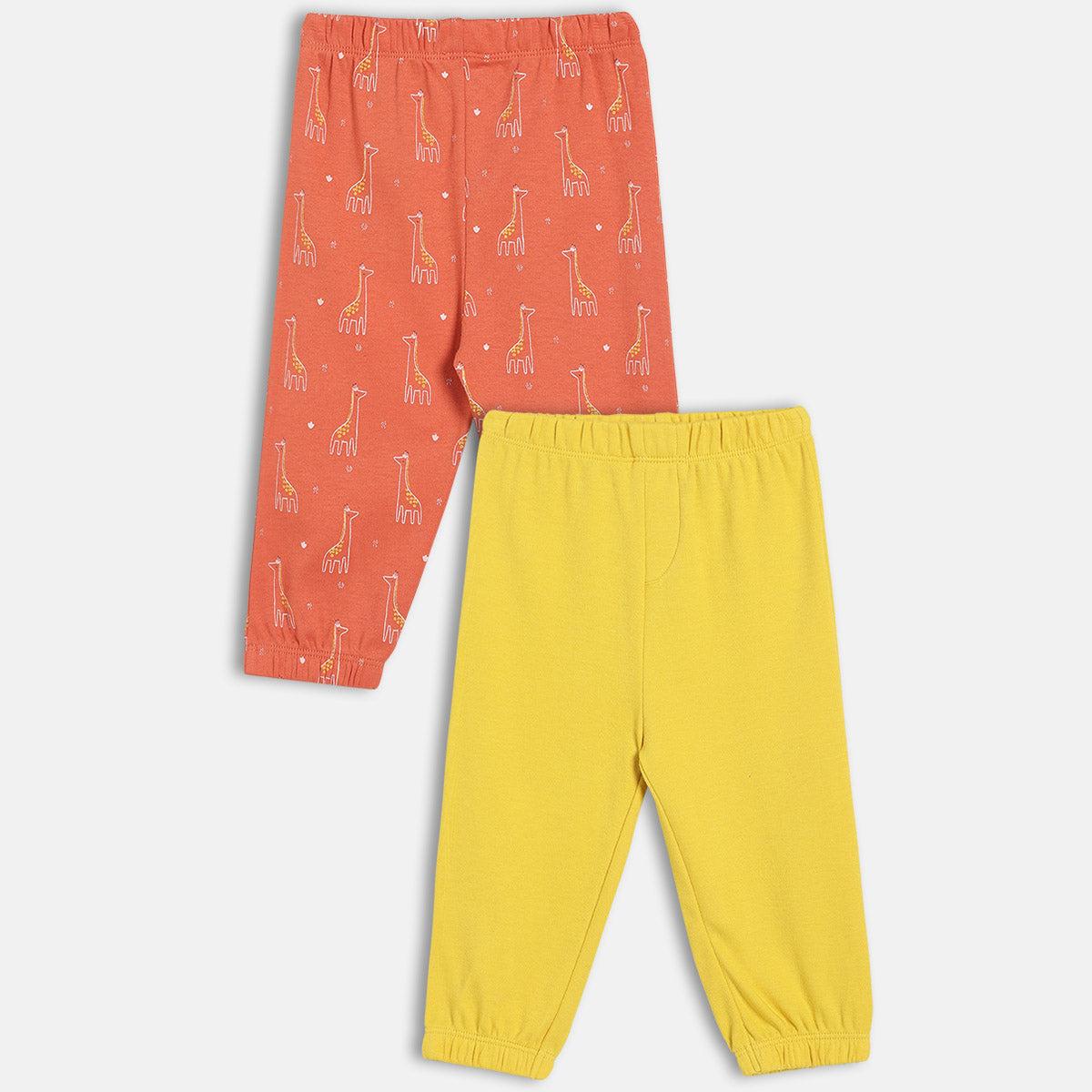 Boys Cotton Pack Of 2 Solid & Animal Printed Knit Bottoms - Rust Orange & Yellow