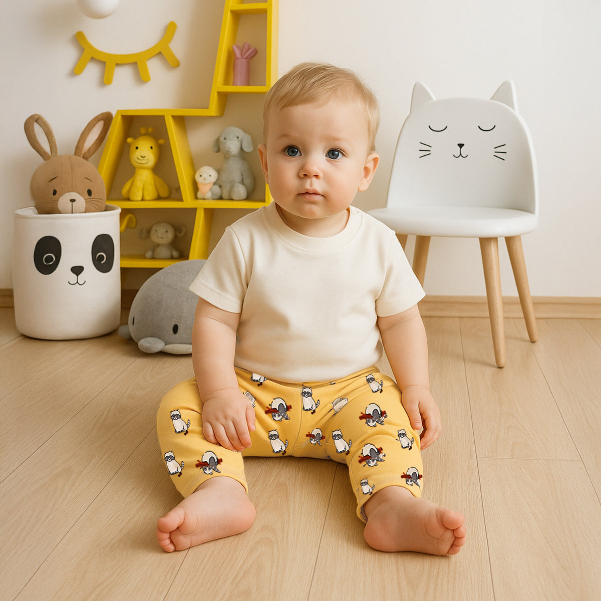 Boys Cotton Pack Of 2 Animal & Geometric Printed Knit Bottoms - Mustard & Olive
