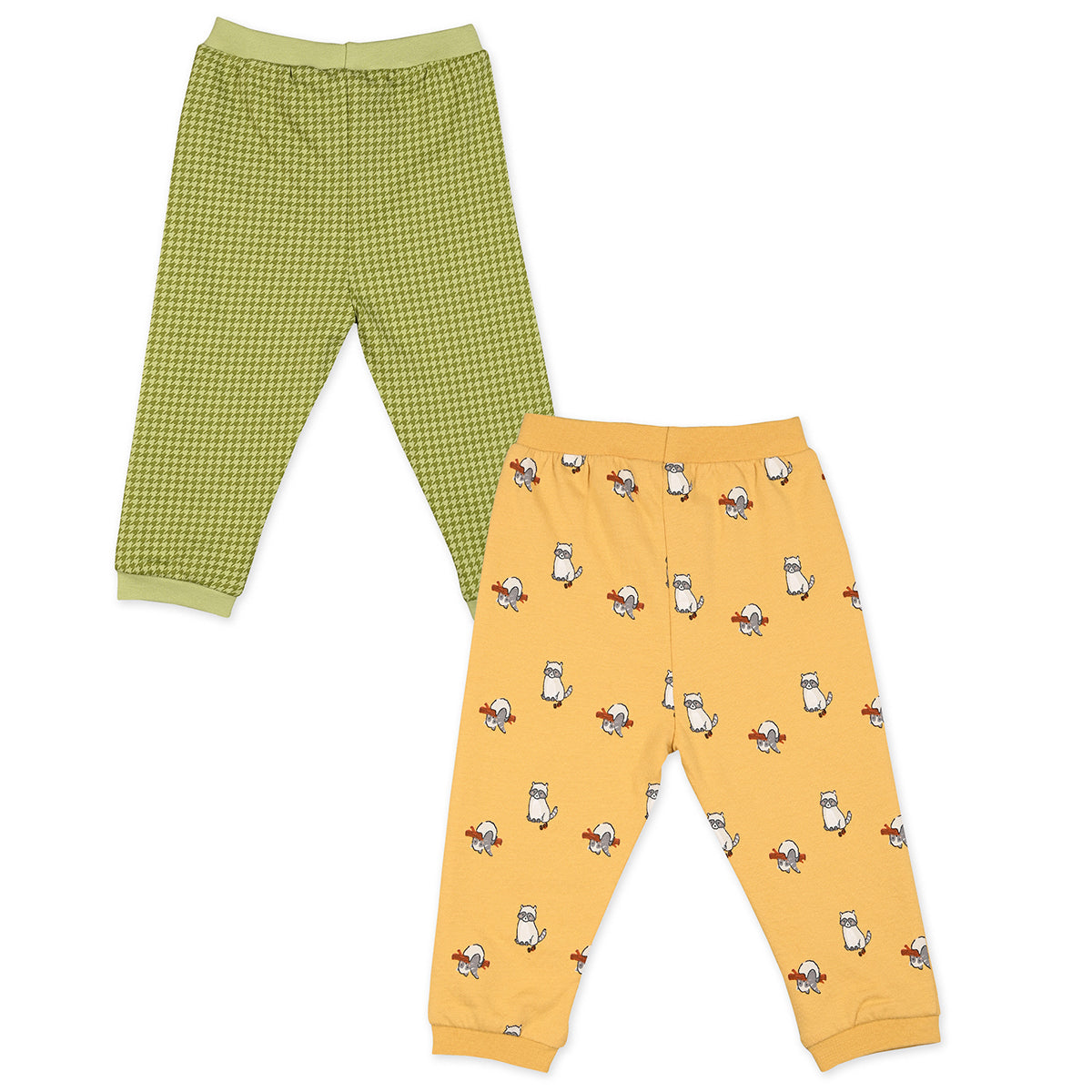 Boys Cotton Pack Of 2 Animal & Geometric Printed Knit Bottoms - Mustard & Olive