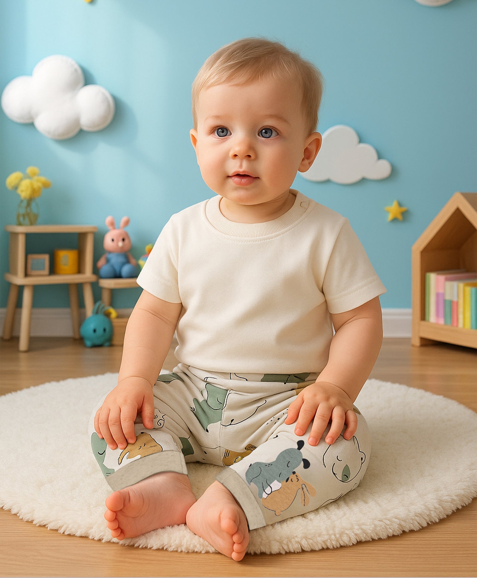 Boys Cotton Pack Of 2 Striped & Animal Printed Knit Bottoms - Grey & White
